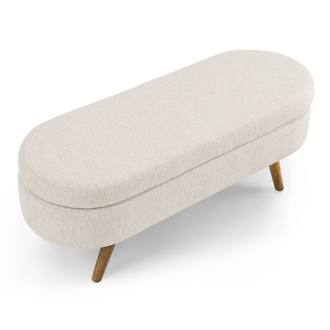 Oval Storage Ottoman Bench, Upholstered Storage Bench with Rubberwood Legs, Multifunctional Entryway Bench for Bedroom L