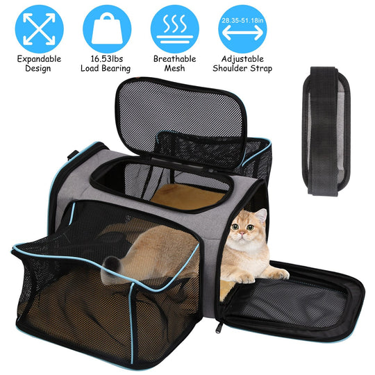 Expandable Pet Carrier Airline Approved Cat Dog Carrier Cat Collapsible Soft CarrierÊBag with Removable Fleece Pad Pockets Breathable Mesh Adjustable