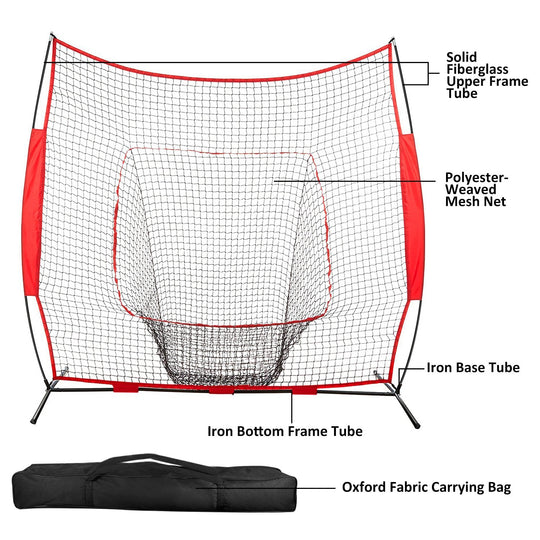 7x7ft Baseball Softball Teeball Practice Net Batting Hitting Pitching Training Net w/ Bow Frame Carrying Bag for Solo Team Training