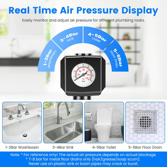 Electric Toilet Plunger with Air Pressure Gauge & 3 Heads