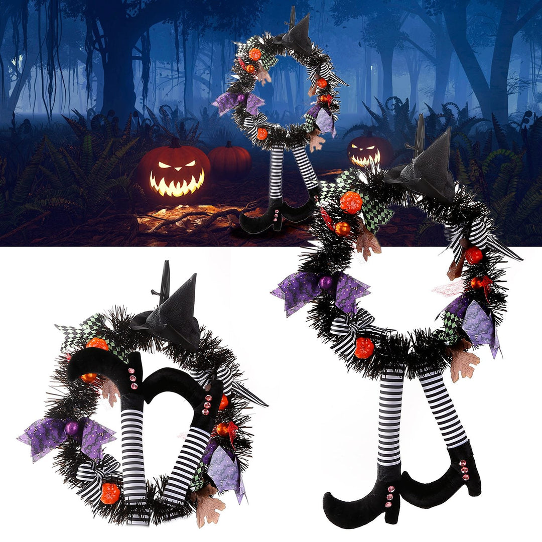 Halloween Witch Wreath Pumpkin Door Decorations Artificial Party Hanging Handmade Wreath Garland with Hat Legs for Front Door Indoor Wall Decoration