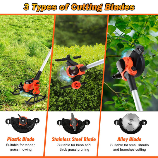 Cordless Grass Trimmer With Wheels 2Pcs 3.0Ah Batteries Rechargeable Handhold Lawn Mower With 3 Types of Blades Head Angle Adjustable Lightweight for