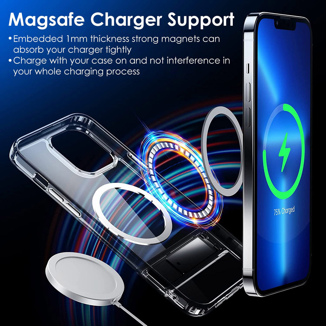 Magnetic Metal Kickstand Clear Case Shockproof Anti Yellowing Phone Cover Compatible with Magsafe Fit for IOS Phone 14 Plus