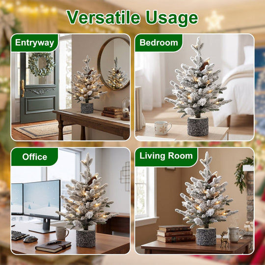 2FT Pre-Lit Flocked Christmas Tree with Pot & Pine Cones
