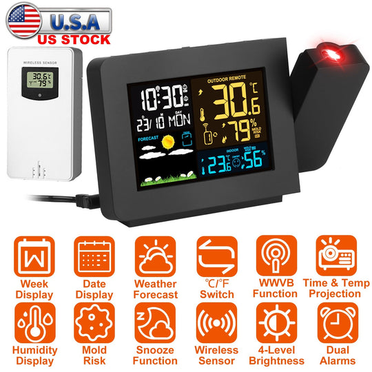 Atomic Projection Alarm Clock Radio Control Clock with WWVB Function Weather Station Dual AlarmsÊSnooze Outdoor Wireless Temperature Humidity Sensor