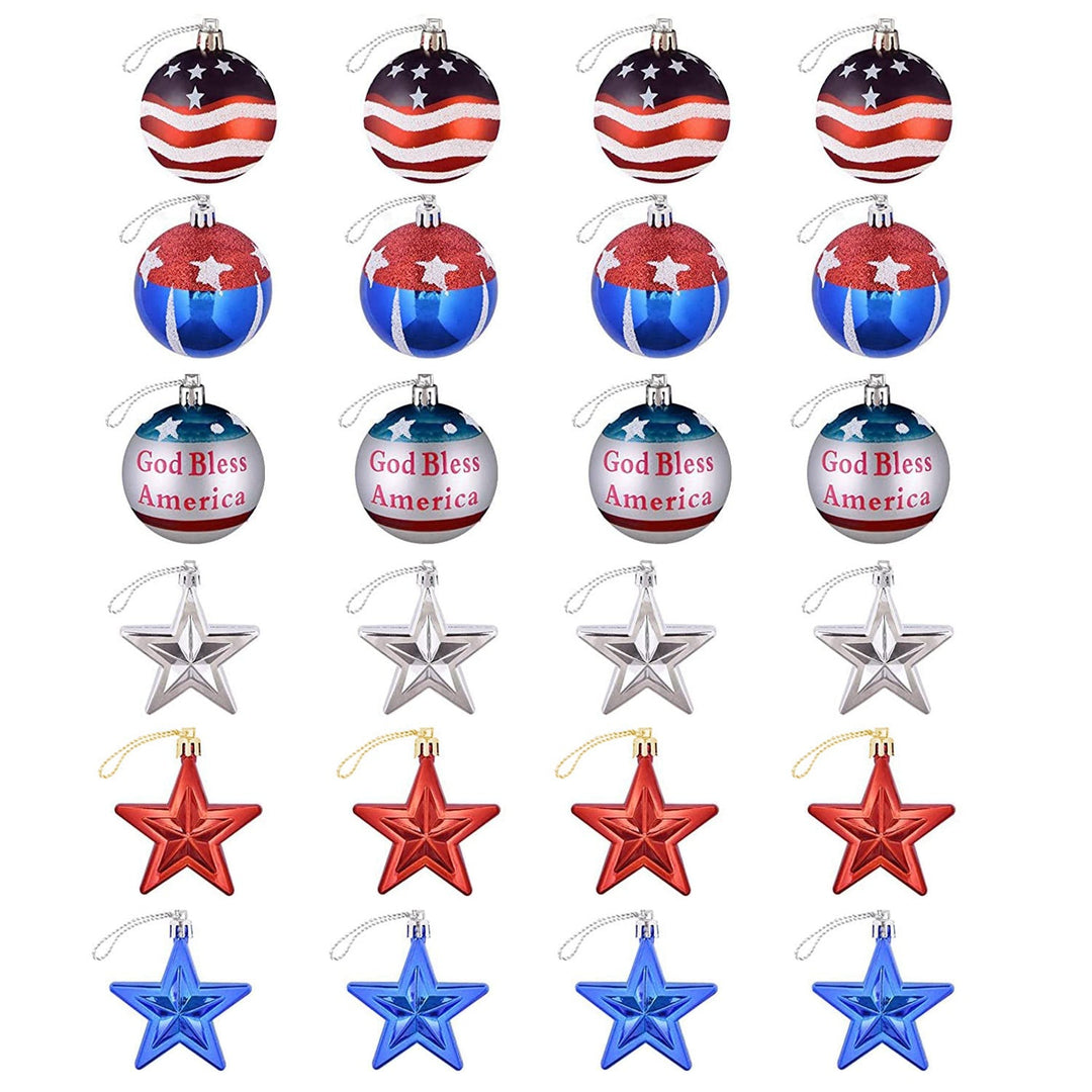 24Pcs Set Hanging Ornaments Ball Star Patriotic Festival Party Decor Independence Day 4th of July Christmas Tree Wall Indoor Outdoor Decoration