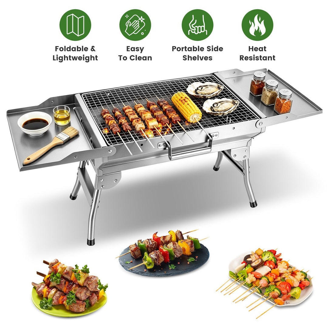 Foldable Charcoal Grill with Storage Shelf and 10 Skewers