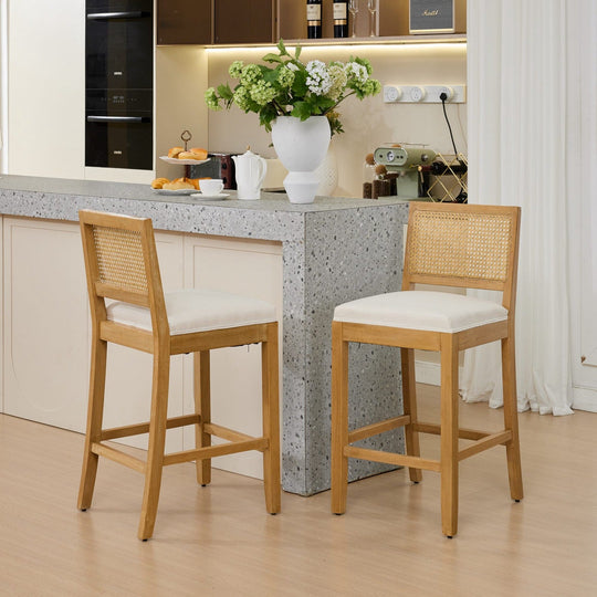Solid Rubberwood Rattan Back Counter Stools Set of 2