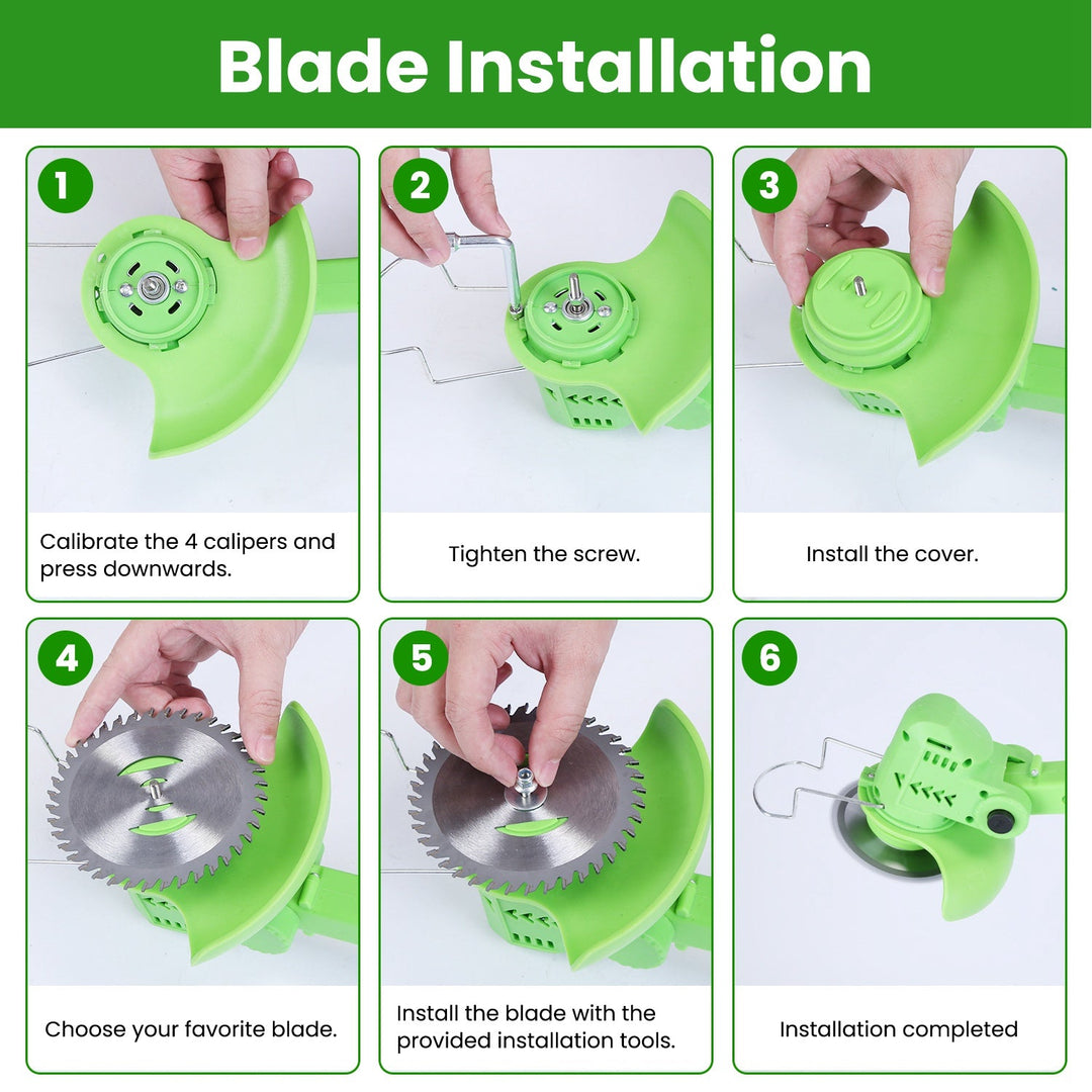 12V 200W Cordless Grass Trimmer Rechargeable Lawn Mower 9000M/Min Weed Cutter with Saw Blade 2 Stainless Steel Blades 10 Plastic Blades 2 Rechargeable
