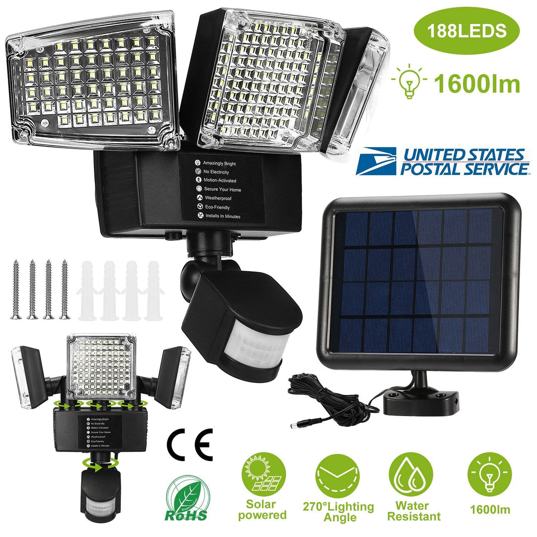 Solar Lights Outdoor 188 LEDs 1600lm Solar Security Lights Motion Sensor Lights 270¡Lighting Angle Waterproof Dusk to Dawn Solar Wall Lights 360¡Rotat