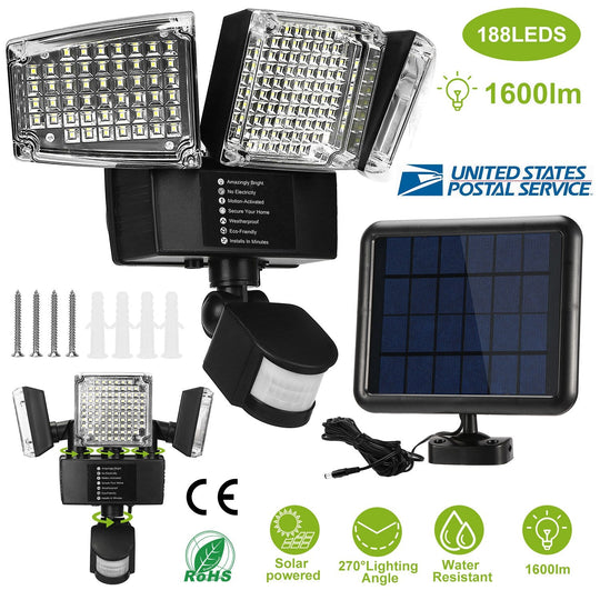 Solar Lights Outdoor 188 LEDs 1600lm Solar Security Lights Motion Sensor Lights 270¡Lighting Angle Waterproof Dusk to Dawn Solar Wall Lights 360¡Rotat