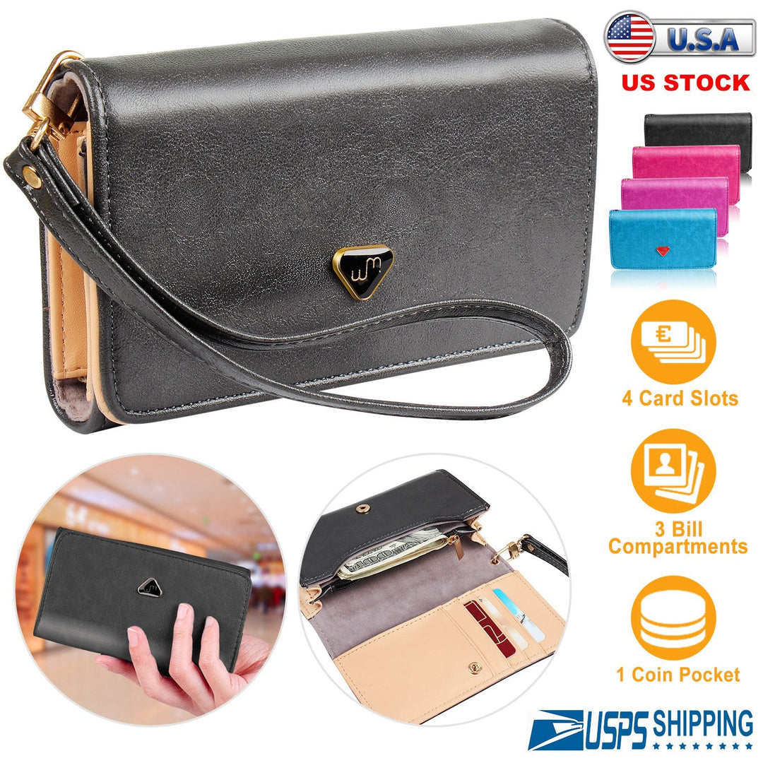 Women Wristlet Wallet PU Leather Lady Purse Credit Card Holder 4 Card Slots 3 Money Pouches 1 Coin Pocket