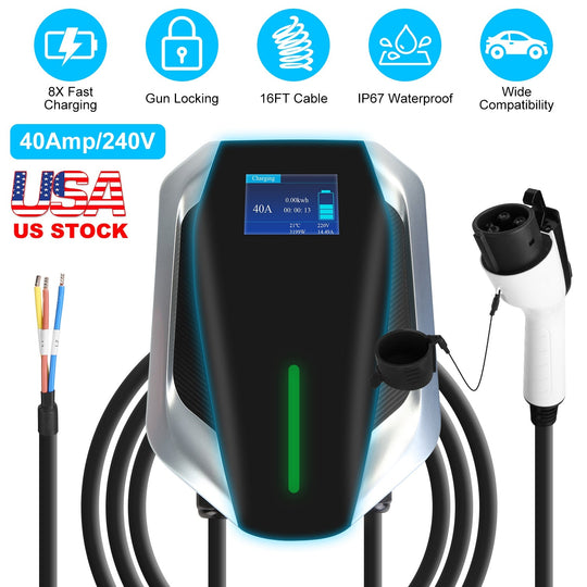 Level 2 Electric Vehicle Charger EV Wall Charger Car Charging Station with 2 Swipecards Digital Display Gun Locking for Home Garage