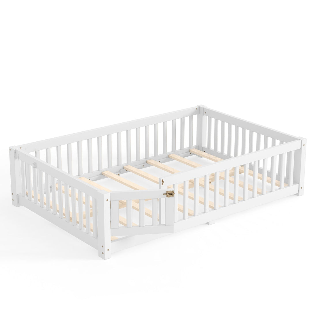 Montessori Floor Bed with Safety Guardrails and Lockable Door