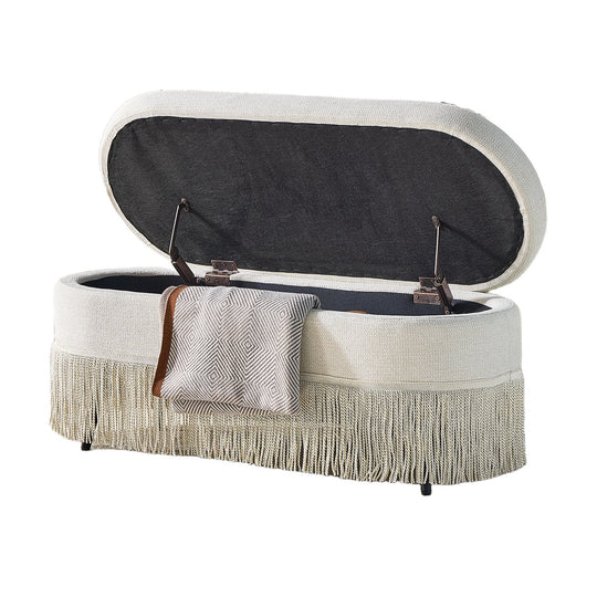 Oval Upholstered Storage Ottoman with Fringe Trim, 39.4"