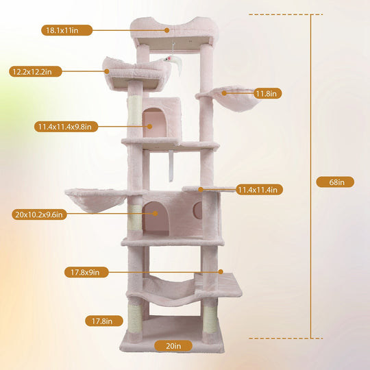 68in Multi-Level Cat Tree Tower with Hammocks & Scratching Posts