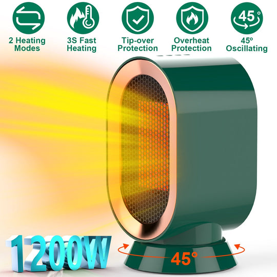 1200W Oscillating Electric Space Heater Mini Desk Heater with 2 Modes 3S Fast Heating Tip-over Overheat Protection for Home Office