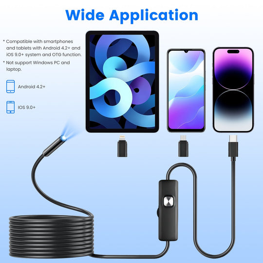 1920P HD Endoscope Camera – IP67, Dual Lens, 16.4ft Snake Cable, LED, App Control