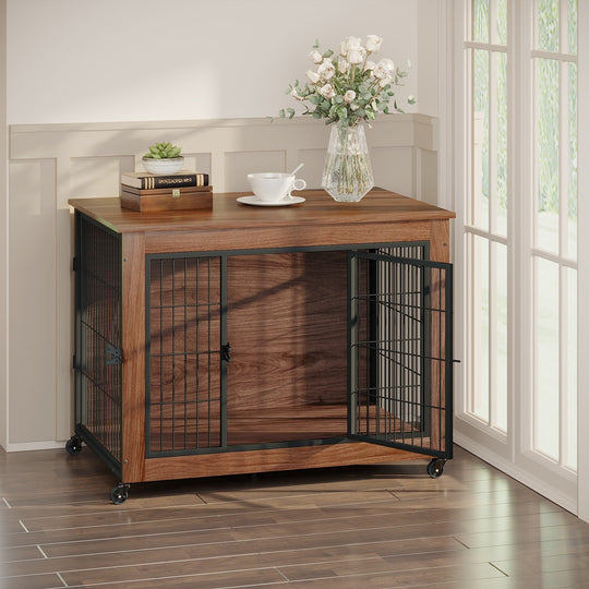 Dog Crate Furniture with Lockable Wheels & Dual Doors