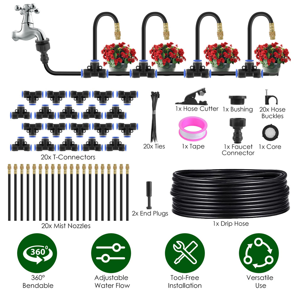 360° Bendable Drip Irrigation System with 49FT 5/8” Tubing Hose 5/16” Faucet Connector Automatic Watering Misting Kit For Garden Greenhouse Yard Lawn