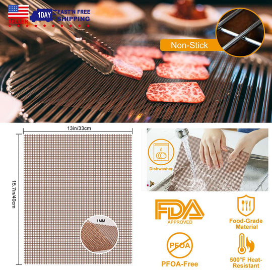 BBQ Grill Mat Non-Stick Mesh Mat Baking Sheet Liner Reusable Reversible Washable for Outdoor Gas Charcoal