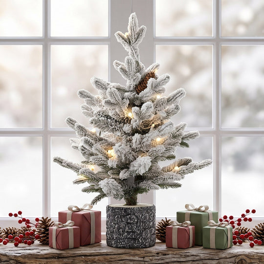 2FT Pre-Lit Flocked Christmas Tree with Pot & Pine Cones