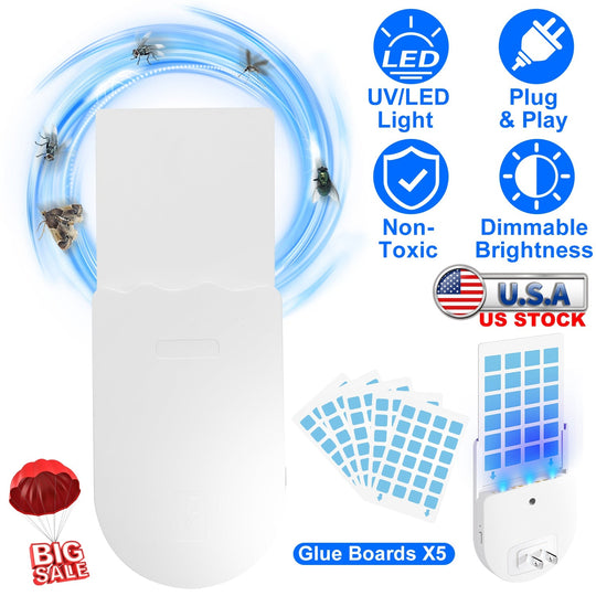 Plug-In Indoor Flying Insect Trap 5 Glue Boards UV Light Mosquito Killer With Night Light Dimmable Brightness Fly Odorless Safe Bug Zapper for Gnat Mo