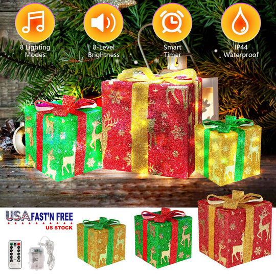 Set of 3 Christmas Lighted Gift Boxes Xmas Present Ornament 50 LED Christmas Box Decorations with Ribbon Bows IP44 Waterproof Battery Powered for Indo