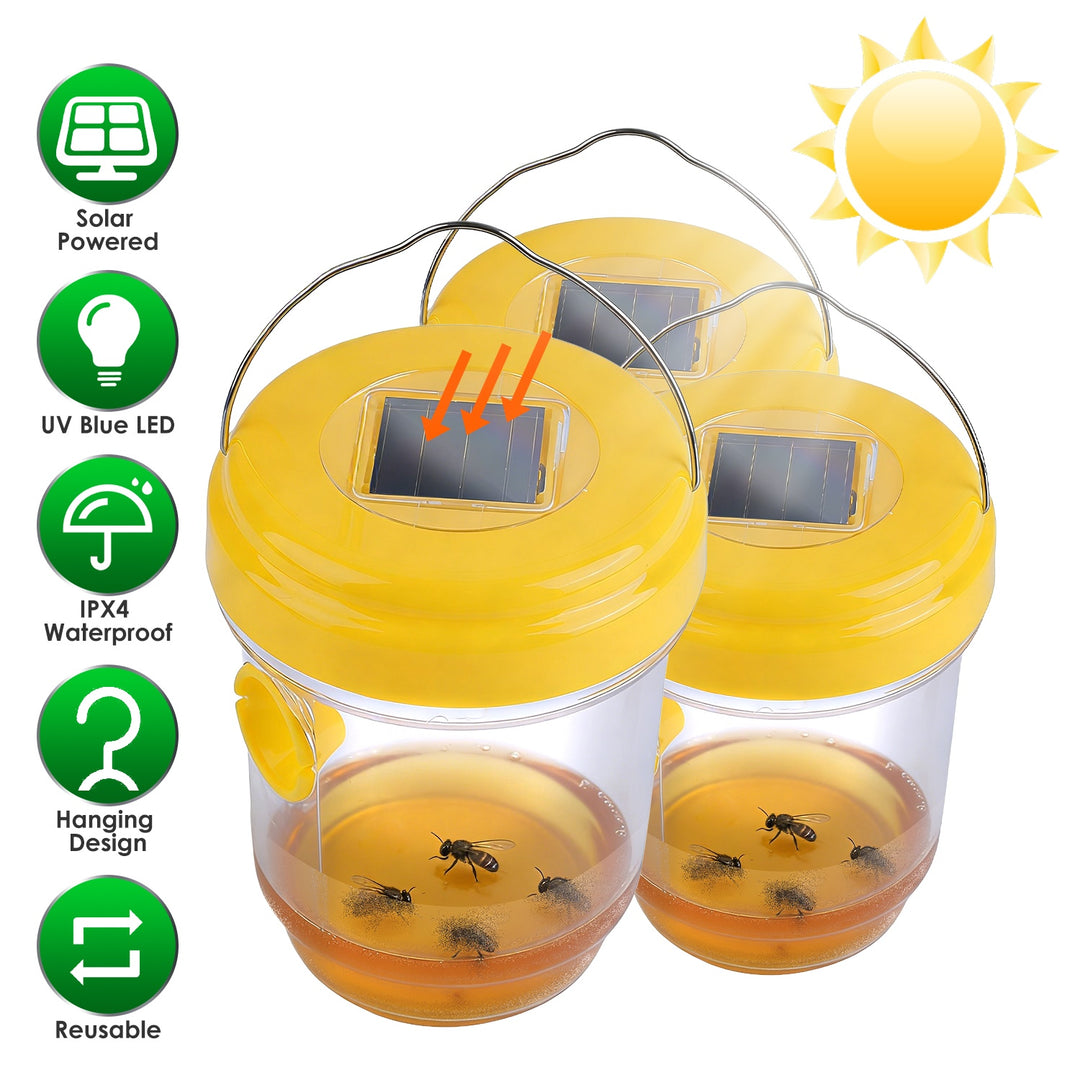 3Pack Solar Wasp Traps Outdoor Hanging Insect Catchers with UV Light for Paper Wasps Yellow Jackets Small Hornets Fruit Flies House Flies