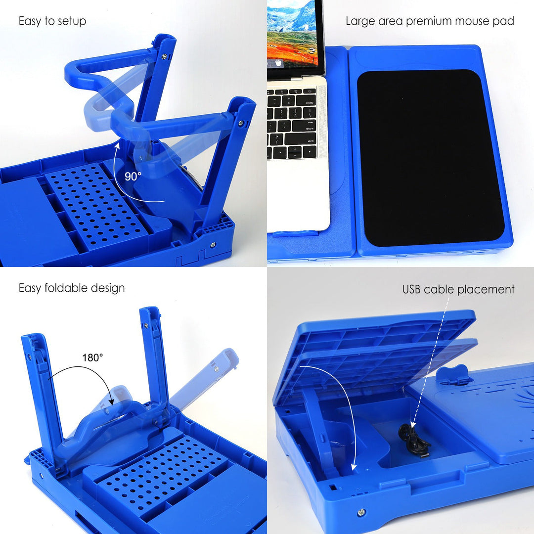 Foldable Laptop Table Bed Notebook Desk w/Cooling Fan Mouse Board LED light 4 x USB Ports Breakfast Snacking Tray with Storage Groove For Home Office