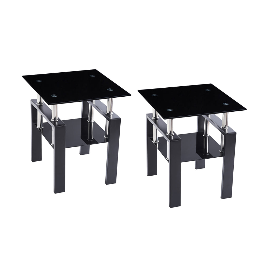 2Pcs Tempered Glass Sofa Table, 2-Tier Black End Table with Powder-Coated Iron Frame, Modern Glass Side Table for Living