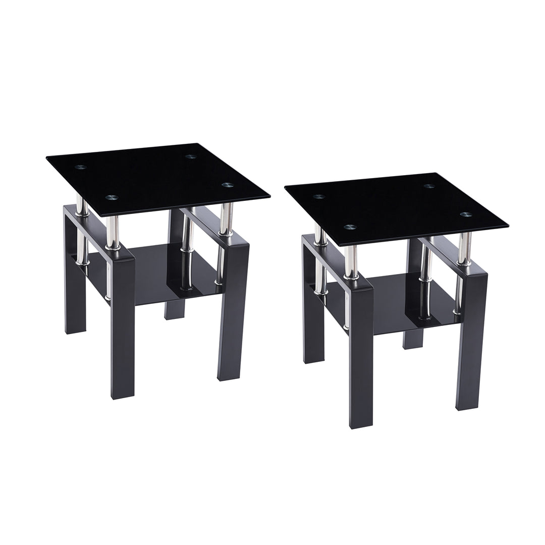 2Pcs Tempered Glass Sofa Table, 2-Tier Black End Table with Powder-Coated Iron Frame, Modern Glass Side Table for Living