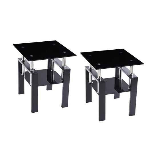 2Pcs Tempered Glass Sofa Table, 2-Tier Black End Table with Powder-Coated Iron Frame, Modern Glass Side Table for Living