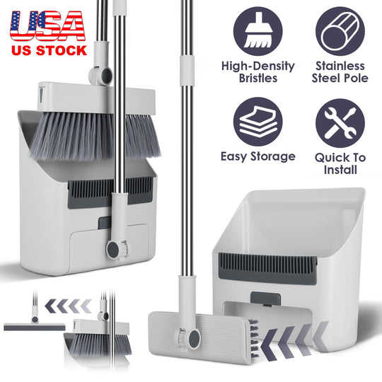 Broom And Dustpan Combo Set With Squeegee Stainless Steel Handle 4 In 1 Upright Standing Broom And Dust Pan For Indoor Outdoor Garage Kitchen Room Off