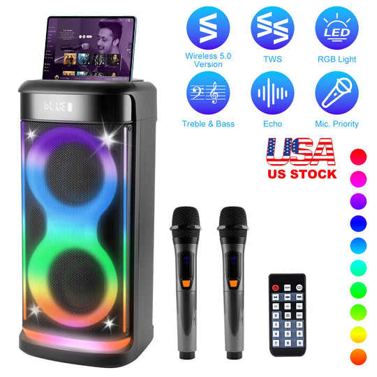 Portable Wireless Party Speaker | LED Lights, 2 Wireless Mics, Remote, TWS & Guitar Input
