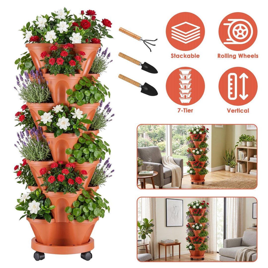 7-Tier Stackable Vertical Planter with Wheels and Drainage