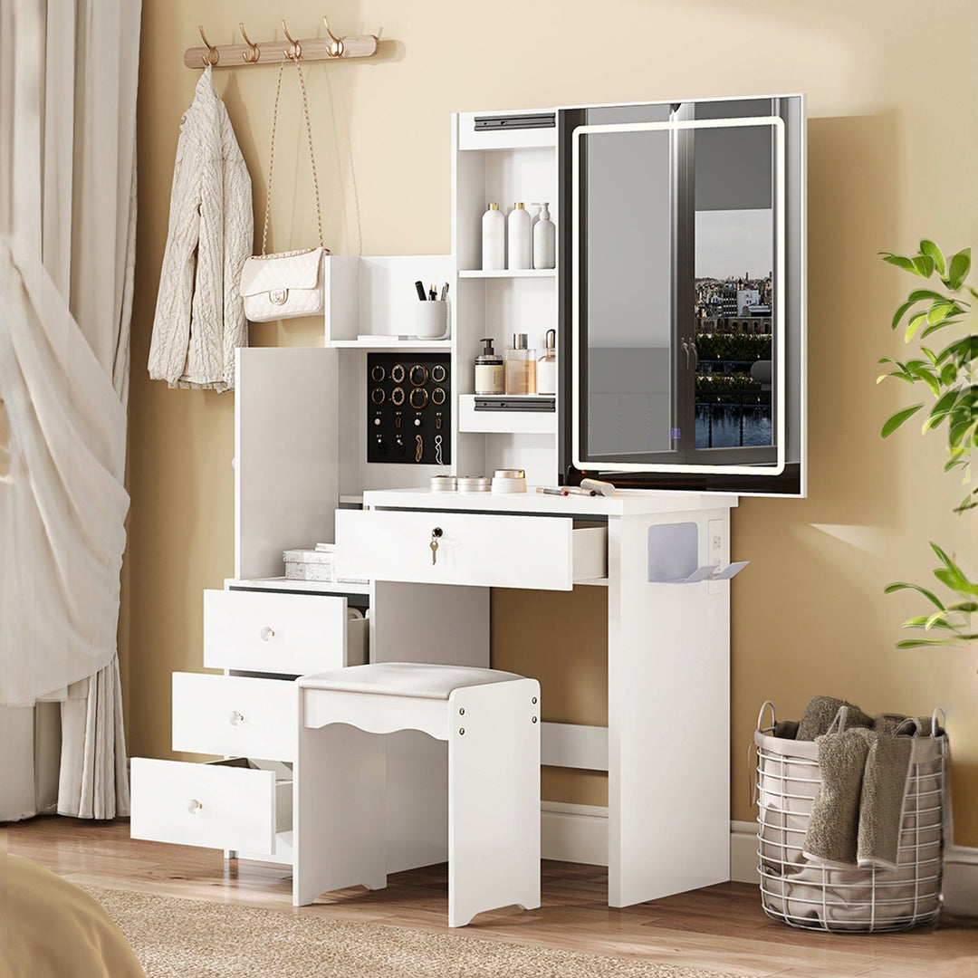 White Vanity Desk Set with LED Lighted Mirror & Padded Stool