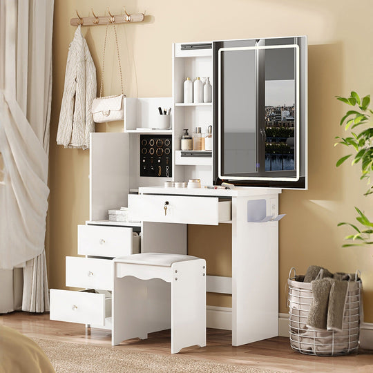 White Vanity Desk Set with LED Lighted Mirror & Padded Stool