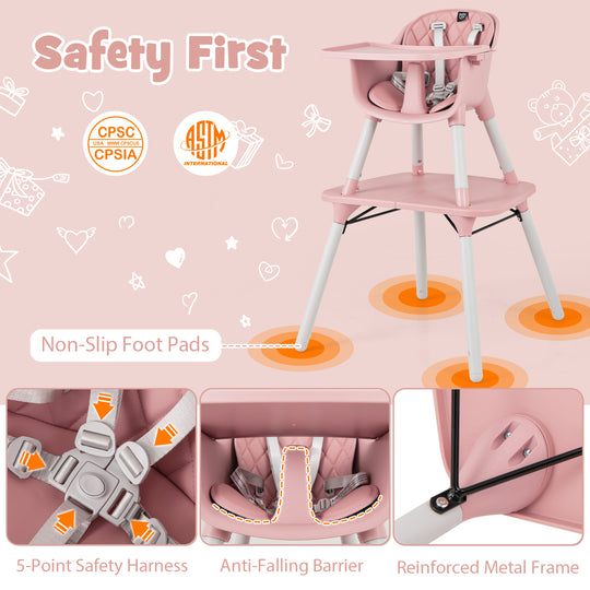4-in-1 Baby Convertible Toddler Table Chair Set with PU Cushion-Pink