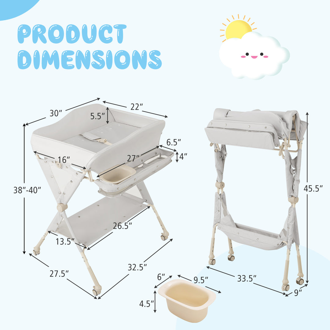 Baby Diaper Changing Table with Water Basin Wheel-Gray