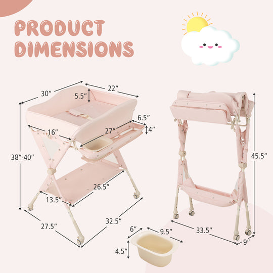 Baby Diaper Changing Table with Water Basin Wheel-Pink