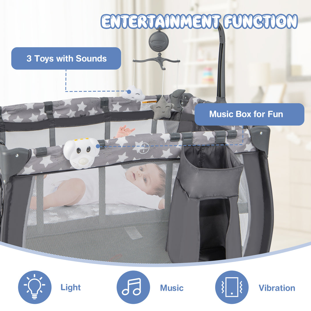 Portable Baby Playard with Changing Table Bassinet and Music Box-Gray