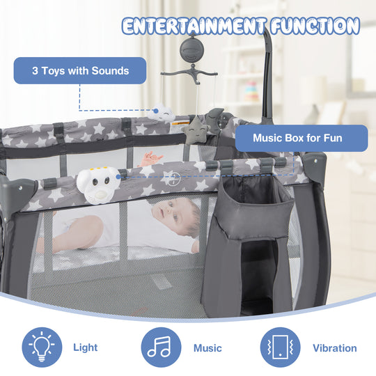 Portable Baby Playard with Changing Table Bassinet and Music Box-Gray