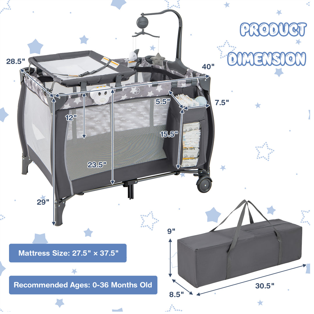 Portable Baby Playard with Changing Table Bassinet and Music Box-Gray