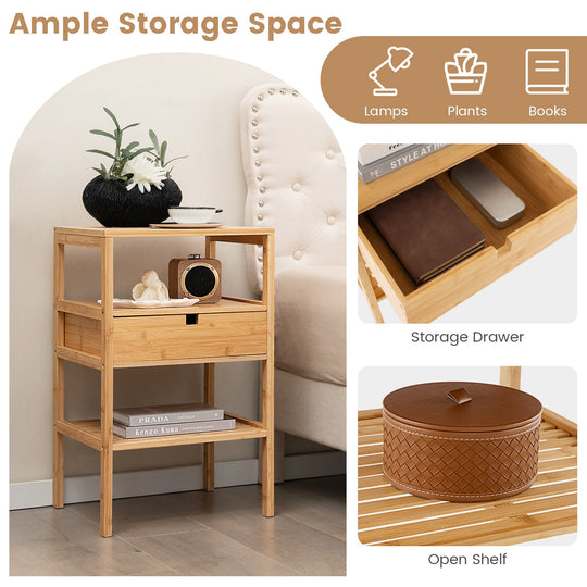 Bamboo Nightstand with Storage Drawer and Slatted Shelf