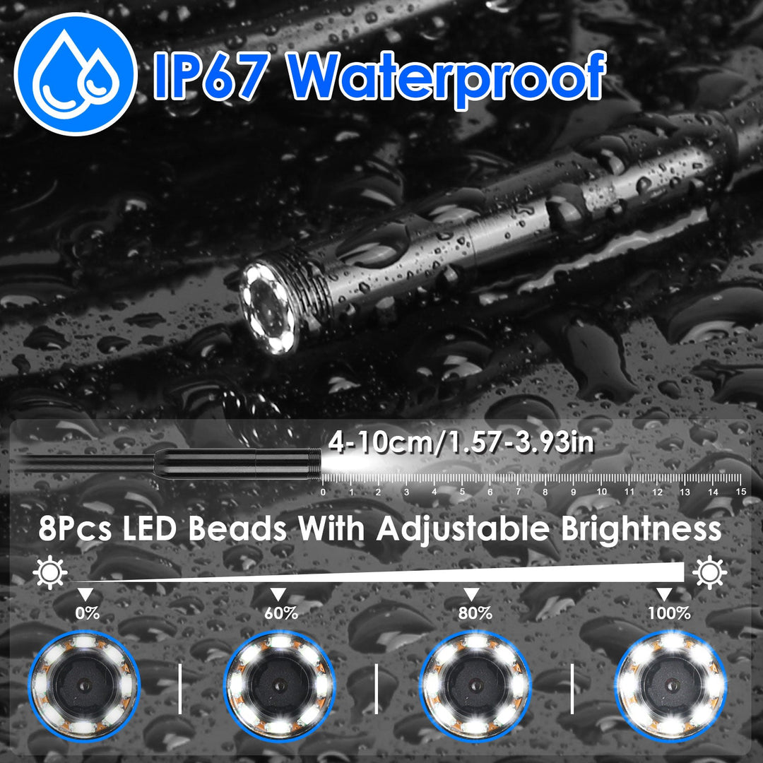 1080P Endoscope Camera with 8 LED Light 8mm Borescope Inspection Camera 4.3Ó Colorful Screen IP67 Waterproof 16.4FT Semi-Rigid Cord Handheld Snake Cam