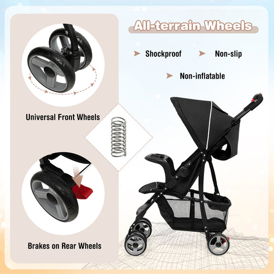 Toddler Travel Stroller for Airplane with Canopy and Adjustable Backrest-Black