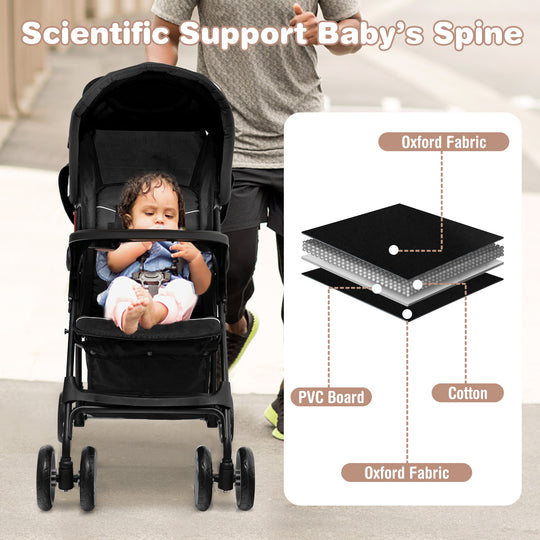 Toddler Travel Stroller for Airplane with Canopy and Adjustable Backrest-Black