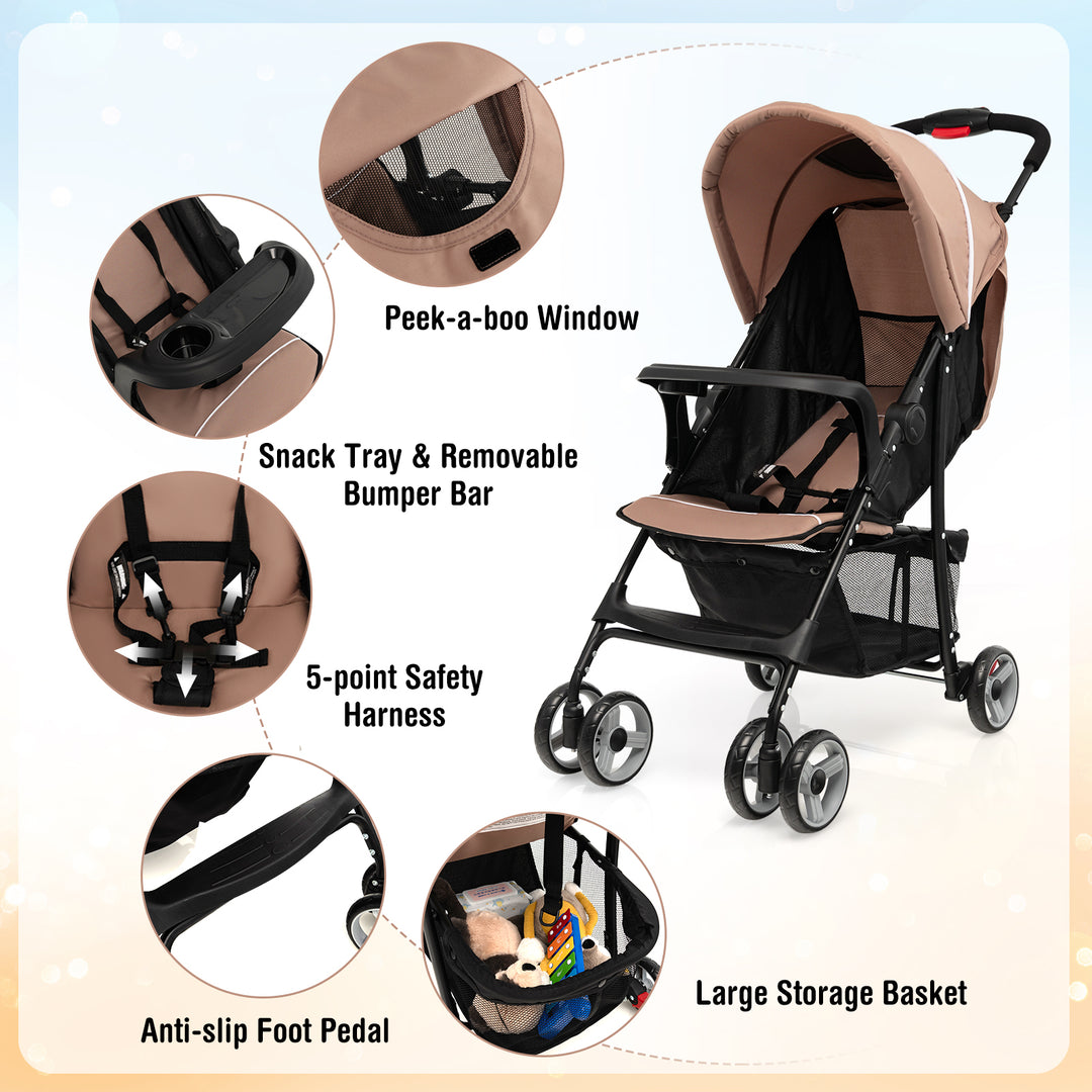 Toddler Travel Stroller for Airplane with Canopy and Adjustable Backrest-Coffee