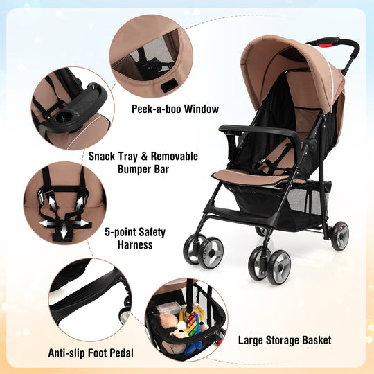 Toddler Travel Stroller for Airplane with Canopy and Adjustable Backrest-Coffee